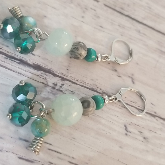 Cracked aqua, grey, green, silver beaded earrings - Picture 7 of 8